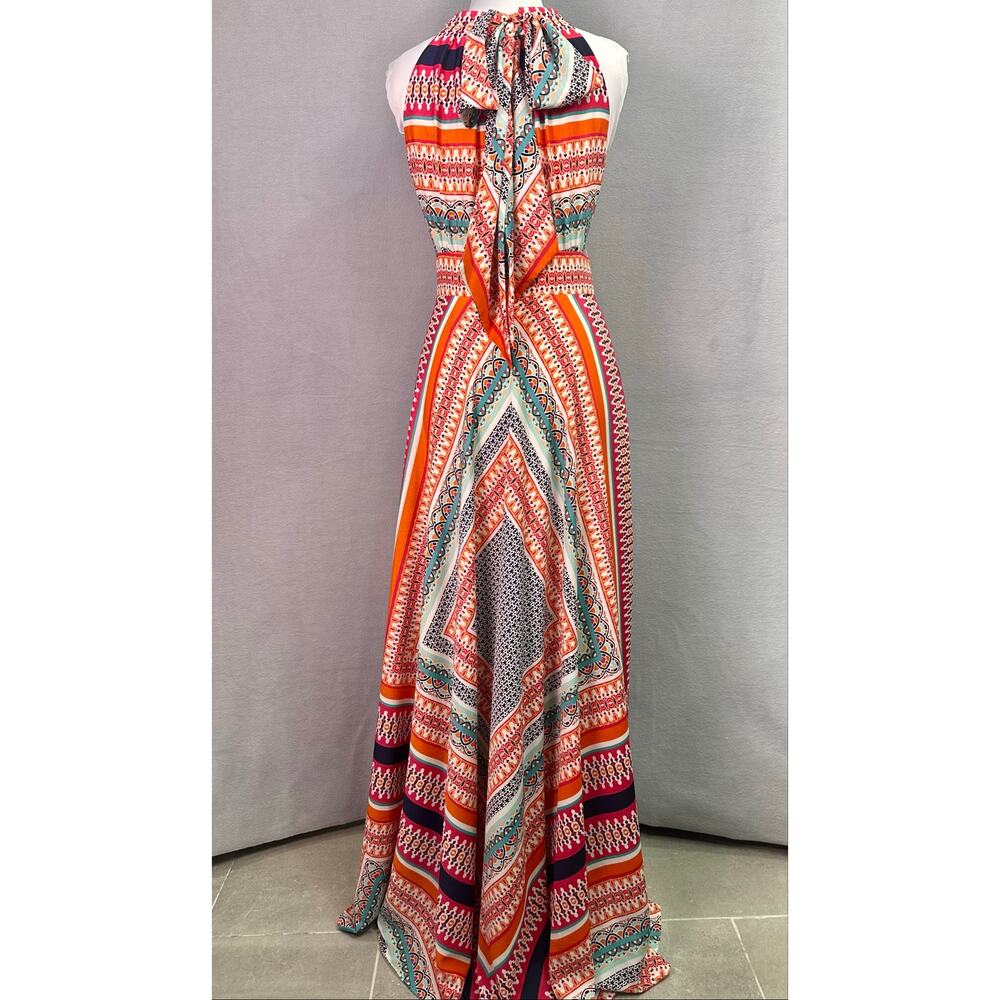 Eliza J Scarf Print Crepe De Chine Maxi Dress Keyhole Tie Pleated Boho Size 4 - Picture 3 of 13